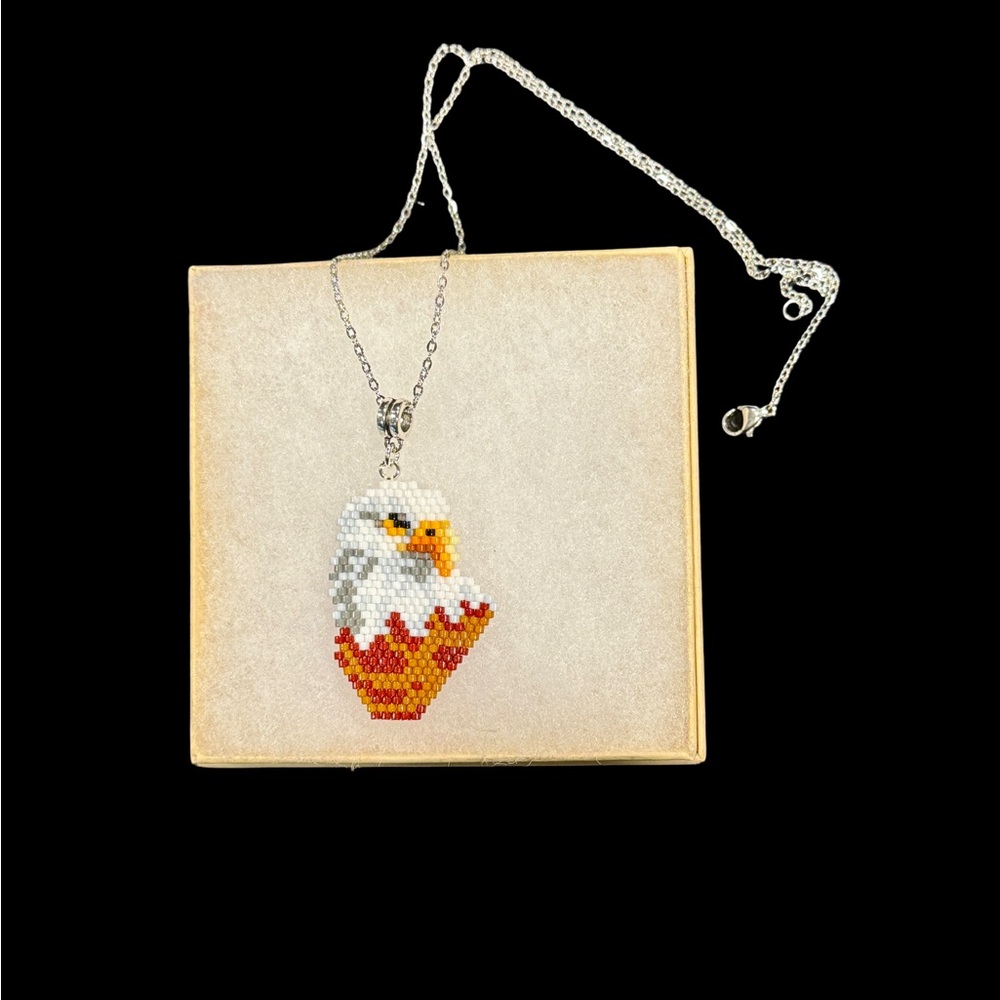 Hand Crafted Eagle Pendant Necklace with White and Orange Beads - Picture 5 of 9